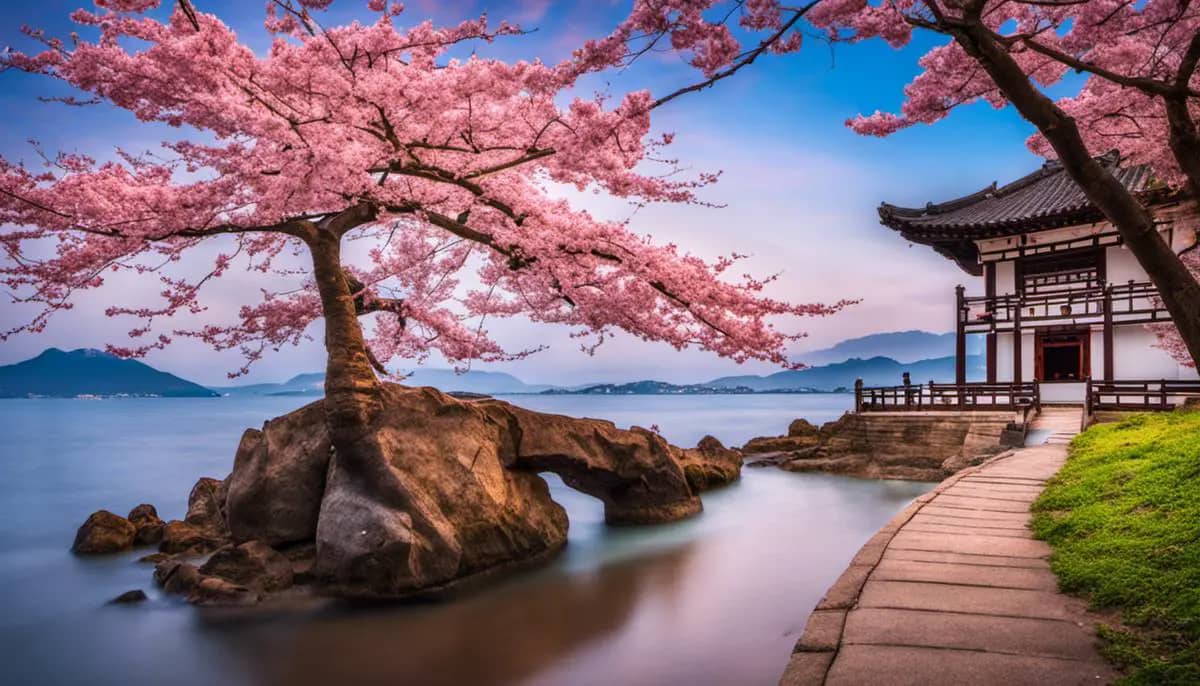 Picture of various Asian landmarks including cherry blossoms, a temple, and a beach.