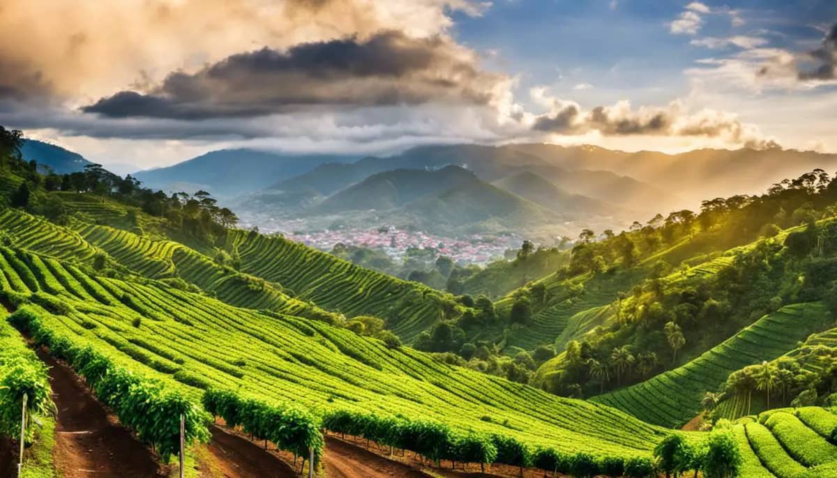 A stunning view of the vibrant city streets and lush coffee plantations in Colombia.