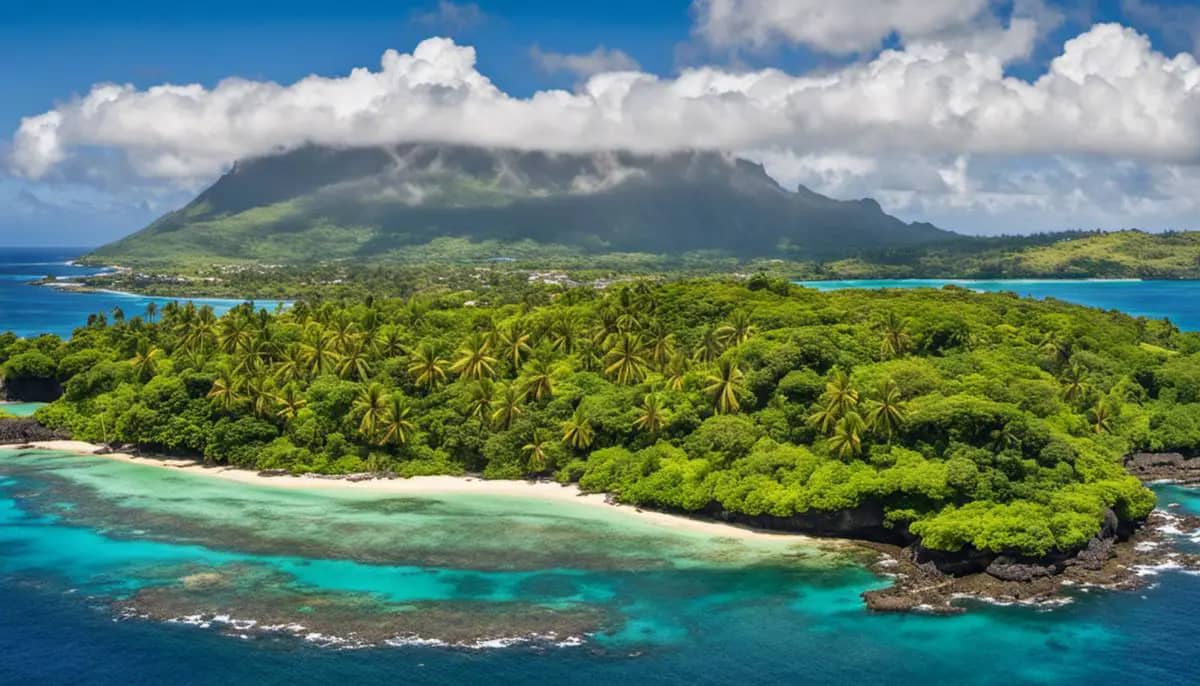 A picture showcasing the beautiful Comoros archipelago, with its lush forests and stunning coastline, surrounded by the Indian Ocean.