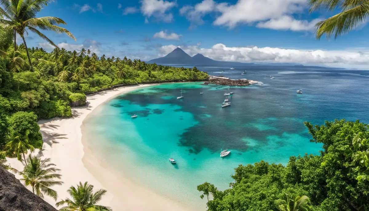 A stunning view of the Comoros Islands with turquoise waters and lush greenery.
